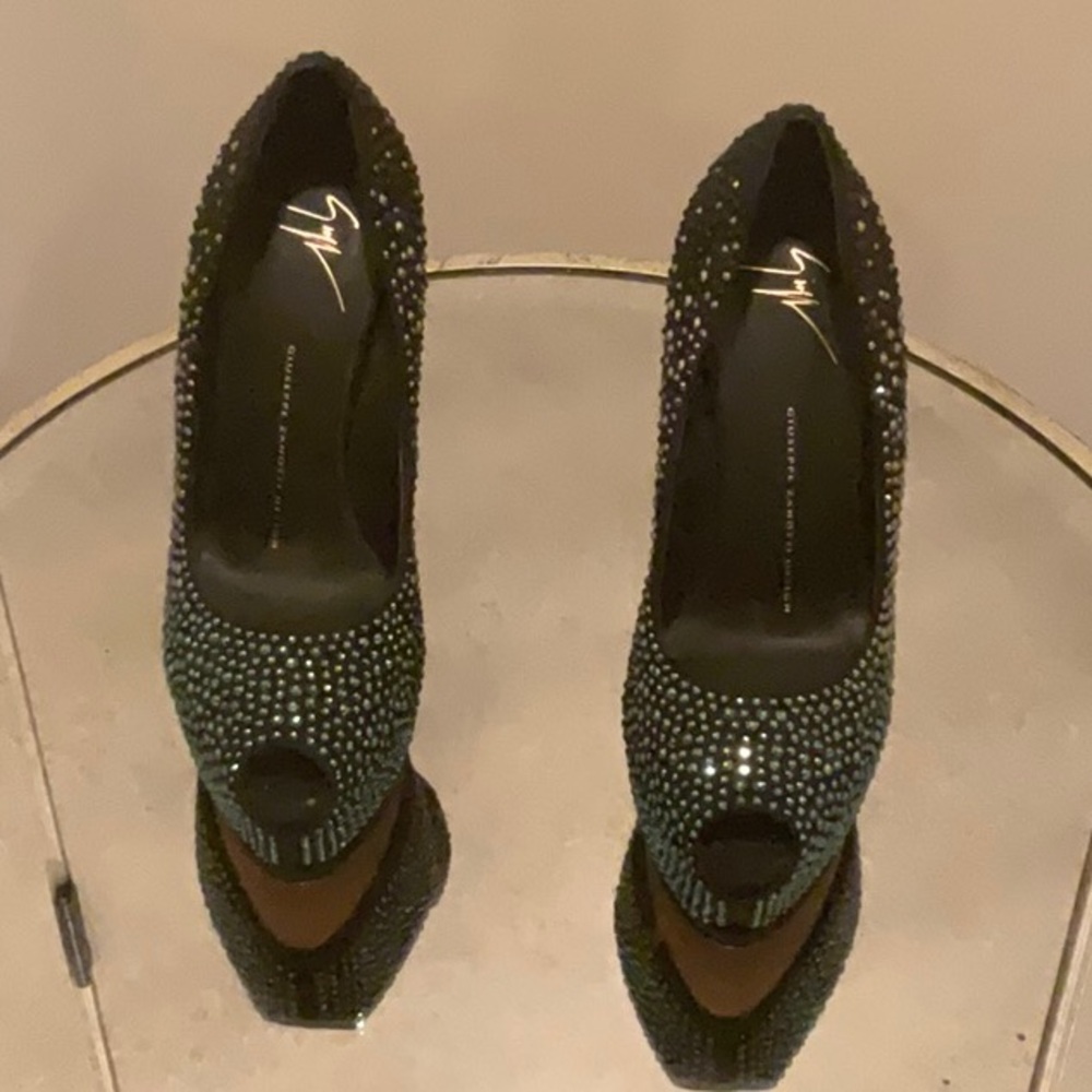 Giuseppe Zanotti Black Suede Crystal Embellishment Heels